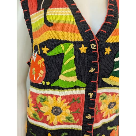 Tiara Vintage Halloween Sweater Vest Large Black Orange Green Pumpkins Cats - Picture 2 of 13